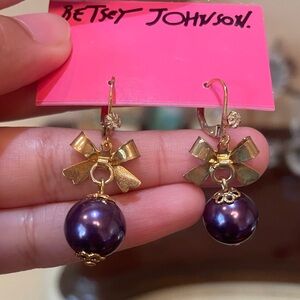 Betsey Johnson Gold Bow Earrings with Purple pearls